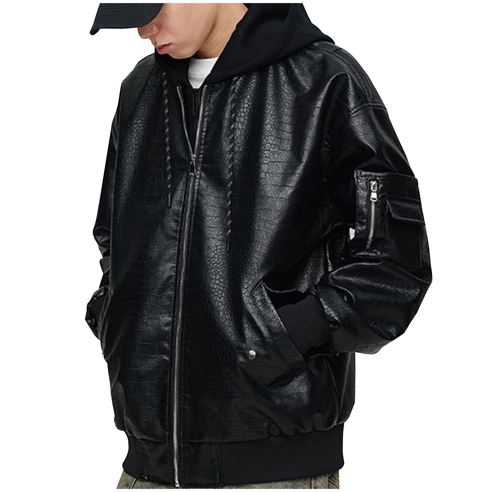 Maoxin Mens Leather Jacket Men Fashion Solid Color Zipper Pocket Hooded Long Sleeve Hooded Leather Outwear Leather Jacket Men