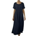 thumbnail image 2 of Pisexur Robes pour Femmes Classiques en Coton et Lin Robe Maxi Couleur Unie Col Ras du Cou Manches Courtes Robe de Vacances pour la Plage Décontractée Ample Robes d'Été pour Femmes P-2TG, Bleu, 2 of 5