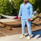 thumbnail image 3 of Traje de manga larga para hombre, cuello alto, cuello en V, informal, cómodo, color puro, camisetas y pantalones de poliéster suave, azul XXL, 3 of 6