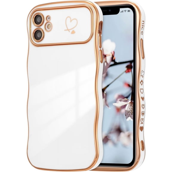 ZUKKASHAN Compatible with iPhone 11 Case for Girls Women, Cute Curly Wave Frame Shape Soft Silicone Case with Love Heart Pattern Camera Protection Golden Edging Shockproof Cover