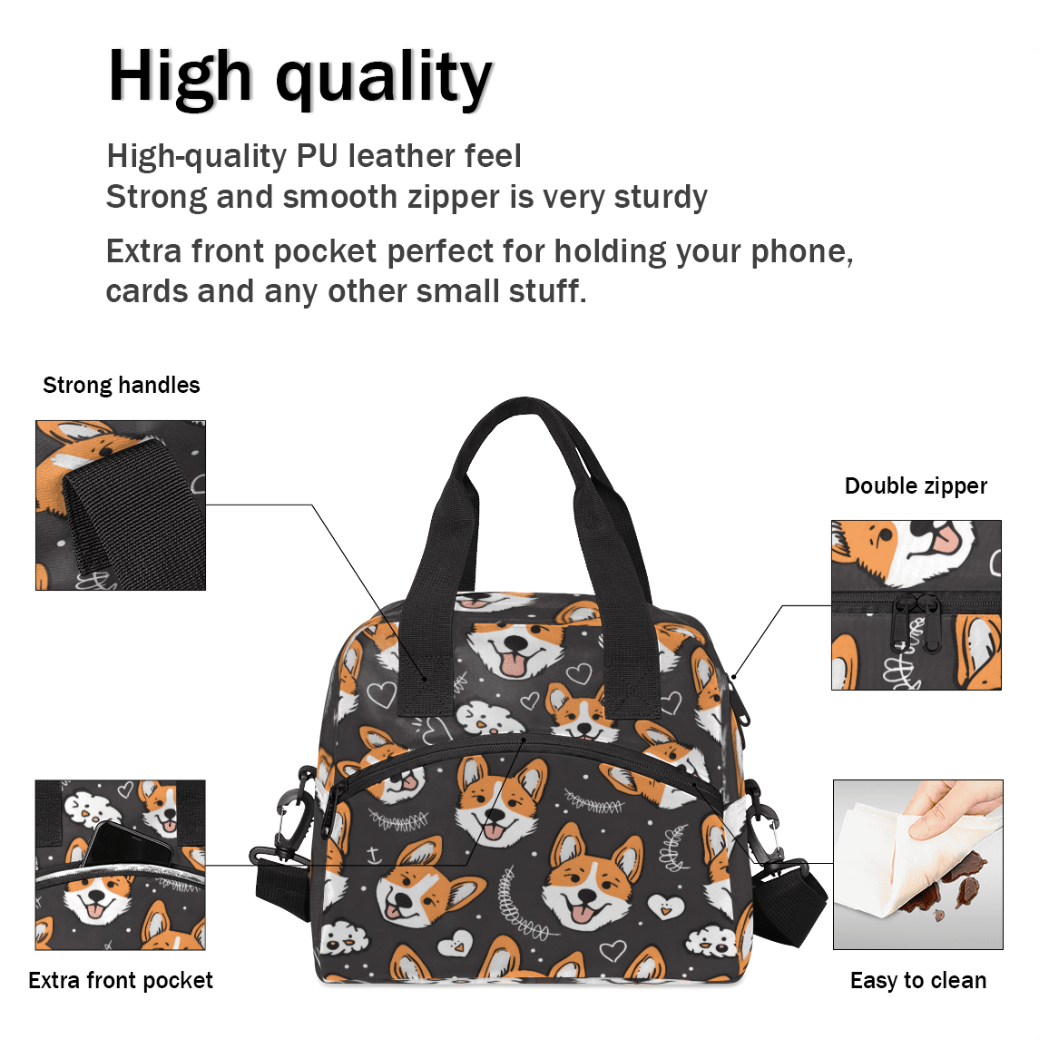 Herdesigns Cute Welsh Corgi Dog Insulated Lunch Bag for Women Men Adults Large Reusable Lunch Box Leakproof Portable Cooler Tote Bags with Adjustable Shoulder Strap