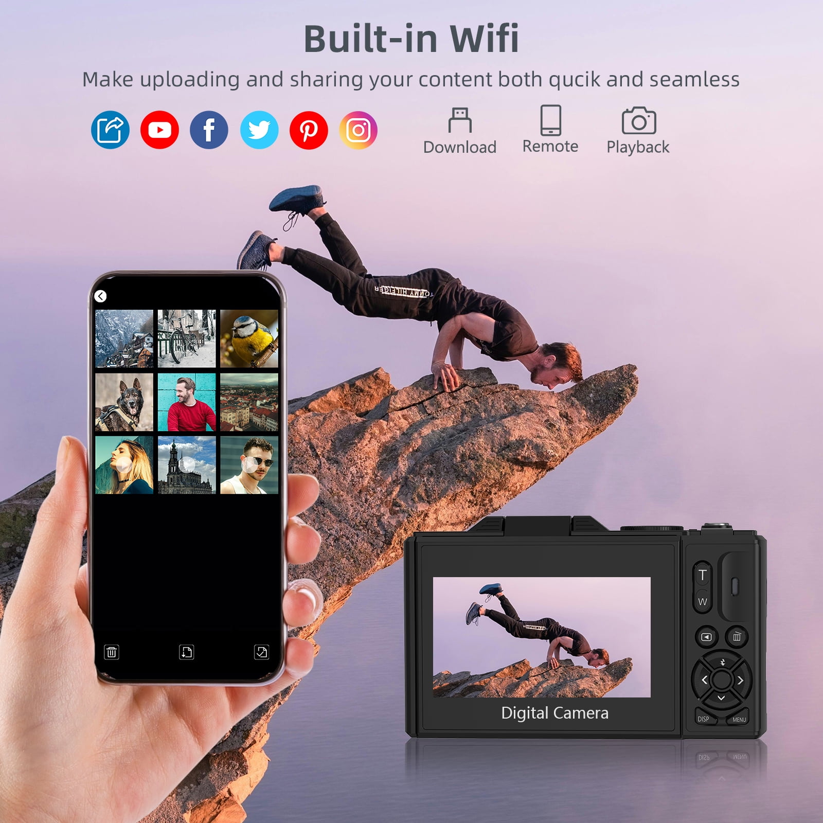 XLURC 4K Digital Camera for Photography with Wifi 64MP Vlogging Camera for YouTube with 3" 180° Flip Screen, 18X Digital Zoom with 32GB Micro SD Card & 2 Batteries