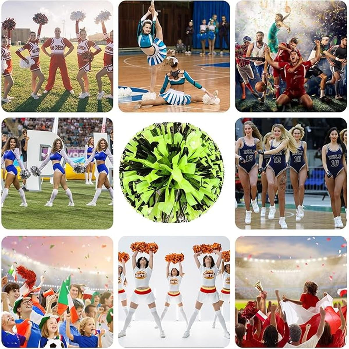 EONQY 8 Pcs Cheerleading Pom Poms Cheerleader Squad Spirited Fun Pompoms 10 Inch Metallic Foil Cheer Pom Poms with Handle Flowers for Sport Team Dance Party