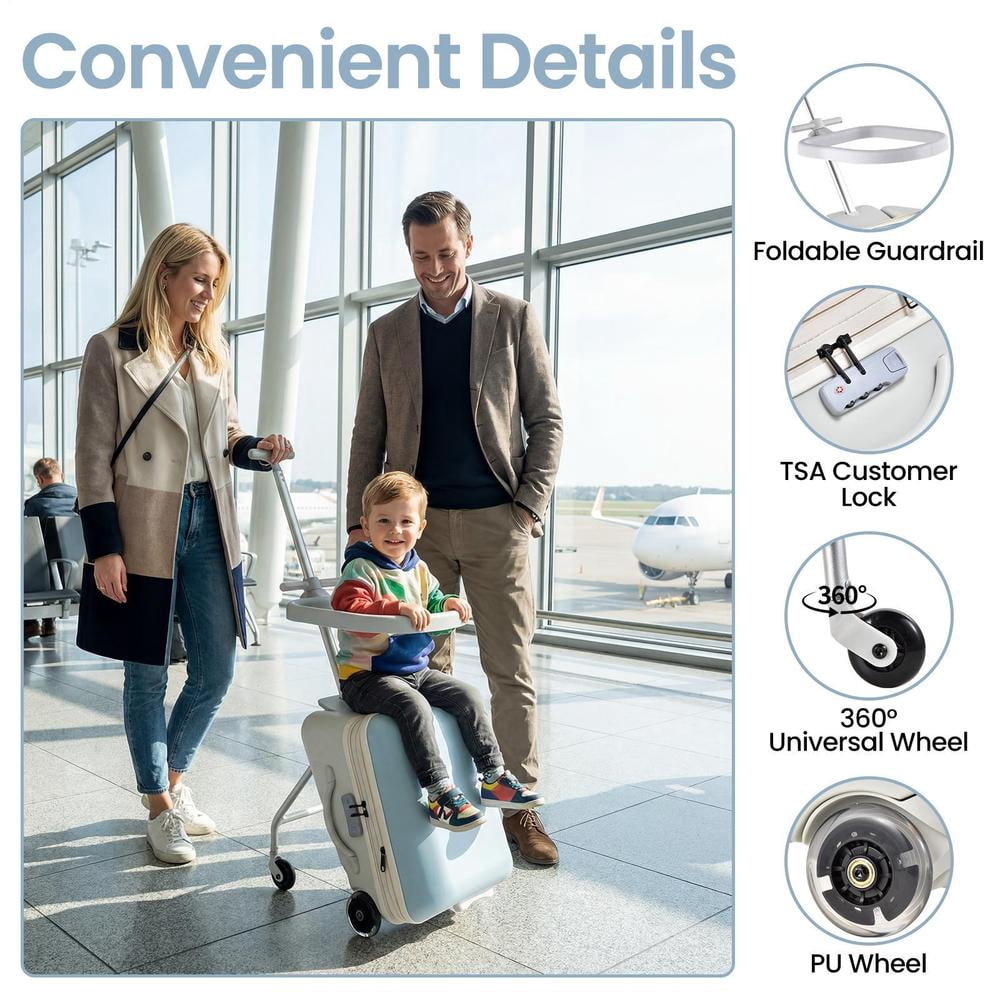 Kids Ride-On Suitcase 20-Inch Stroller Luggage 2-in-1, Airline-Approved Ride-On Carry-On with Spinner Wheels and Detachable Seat, Safety Guardrail Design for Toddlers, Blue