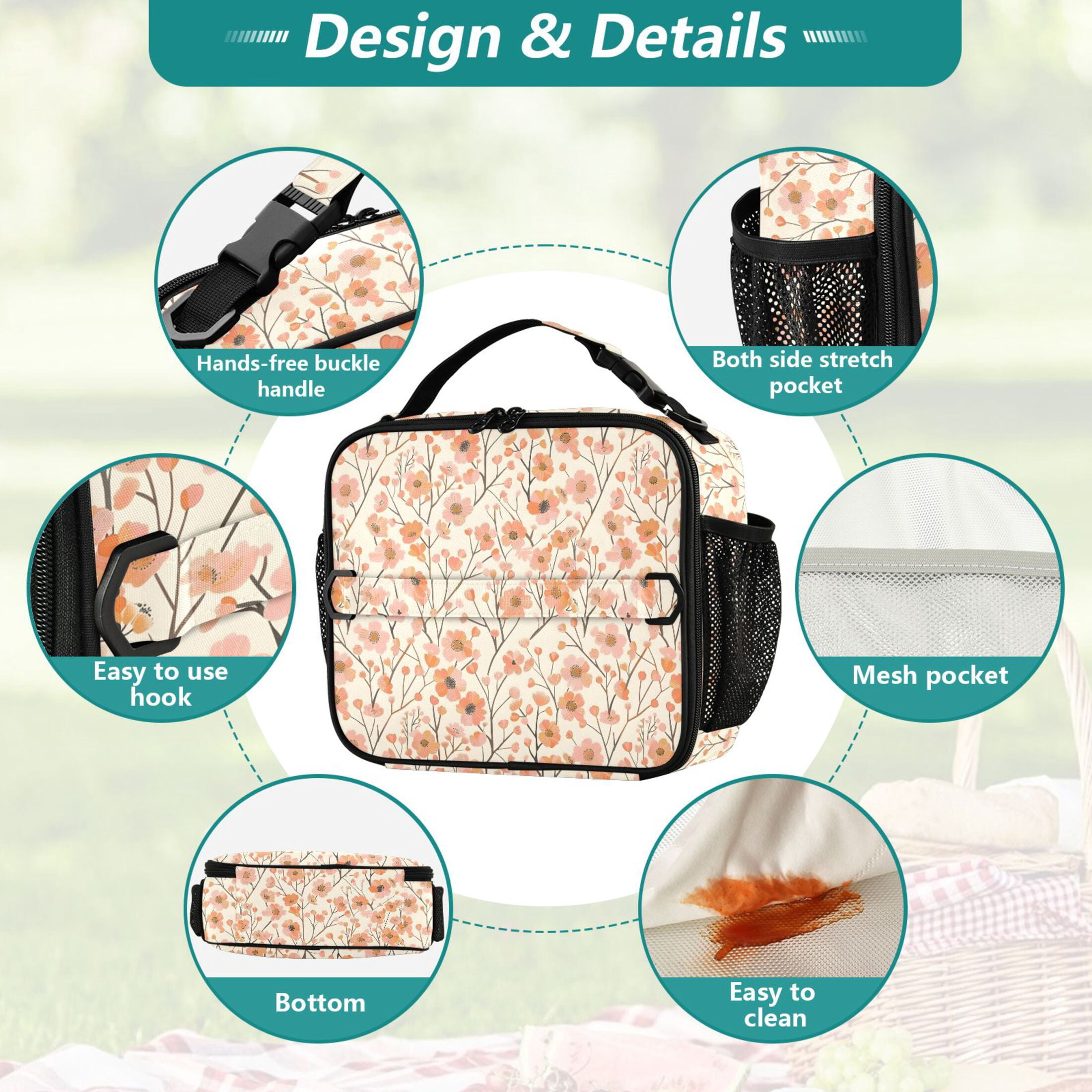 ALAZA Small Floral Lunch Box Insulated Lunch Bag Cooler Tote with Shoulder Strap