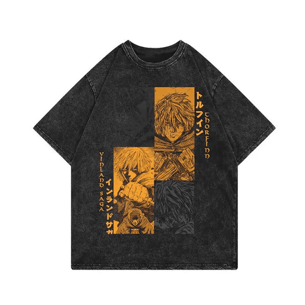 Camiseta con estampado de anime Vinland Saga, manga corta, corte holgado, cuello redondo, estilo vintage, para verano, con lavado exclusivo