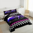thumbnail image 3 of Feelyou Fashion Purple Racing Car Bedding Comforter Set for Boys, Modern Extreme Sports Twin Comforter Sets, Checkered Flag Reversible Bedding Set, Ultra Soft Bedroom Decor, 2-Piece, 3 of 8