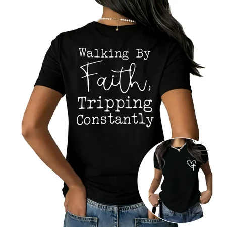 UNISHE Women's Walking By Faith Tripping Constantly Christian Quote Graphic Short Sleeve T-Shirt Soft Cotton Crewneck Inspirational Top S-5XL