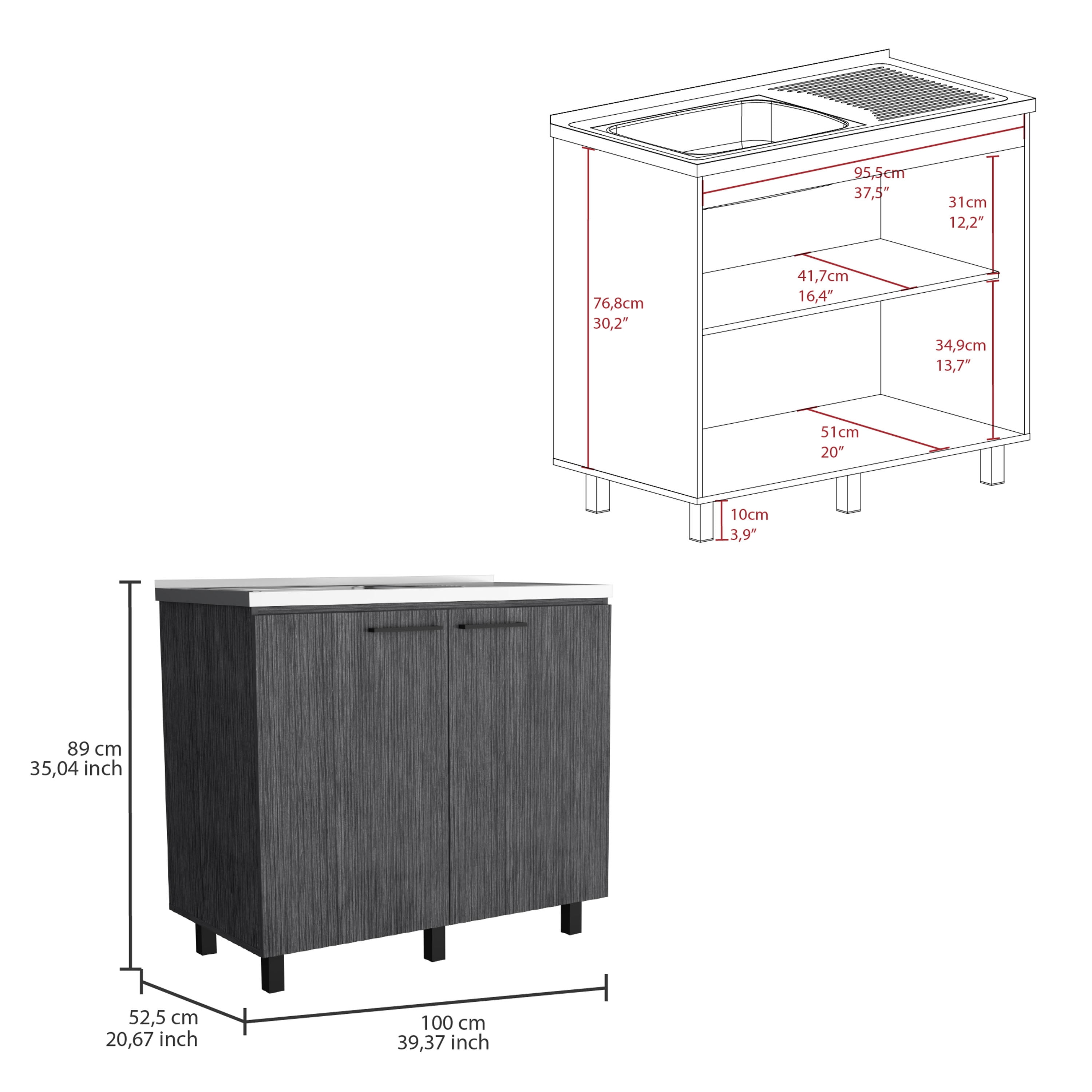 Izzovium Napoles 2 Utility Sink with Cabinet, 39.4x20.4x30.8in, Stainless Steel Countertop & Smokey Oak Shelf, Smoke Grey for Kitchen/Laundry