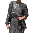 thumbnail image 1 of Sexy Dance Robe à Paillettes pour Femmes Col Rond Courte avec Ceinture Mini Mode Soirée Manches Longues Noir Argent 2TG, 1 of 2