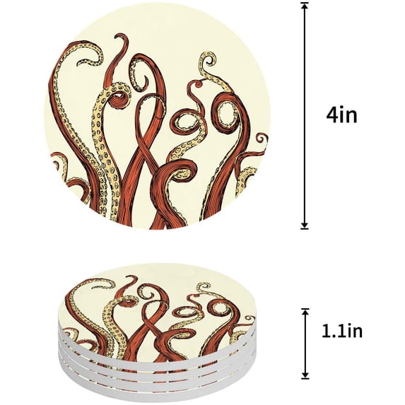 FMSHPON Octopus Set of 4 Round Coaster for Drinks, Absorbent Ceramic Stone Coasters Cup Mat with Cork Base for Home Kitchen Room Coffee Table Bar Decor