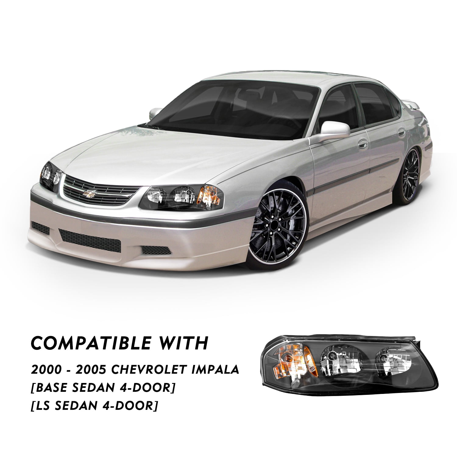 For 2000-2005 Chevy Impala SS LS Base Black Replacement Headlights Assembly Pair