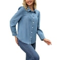 thumbnail image 4 of Women Denim Tops Pleated Front Puff Long Sleeve Lightweight Button Down Jean Shirts S Blue, 4 of 6