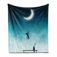 thumbnail image 1 of Fantasy Soft Flannel Fleece Throw Blanket, Boy Climbing to the Moon Rope and Girl on Bench Love Romance Art, Cozy Plush for Indoor and Outdoor Use, 50" x 60", Teal and White, by Ambesonne, 1 of 5