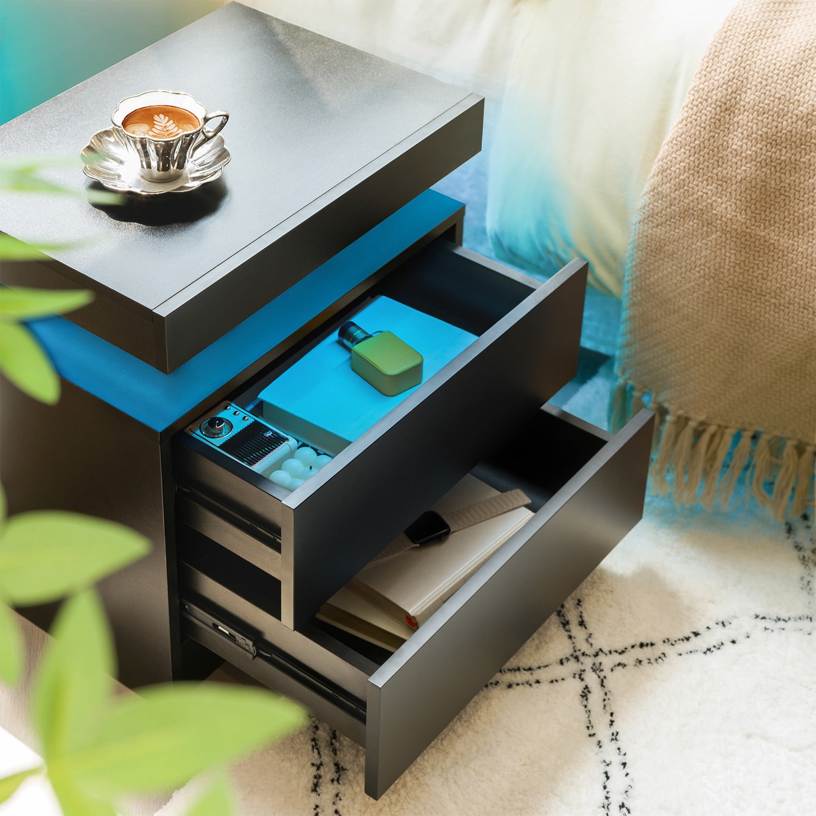 Leumius 2 Drawer Modern Nightstand with LED Light Small Bedside Tables End Side for Bedroom,Black