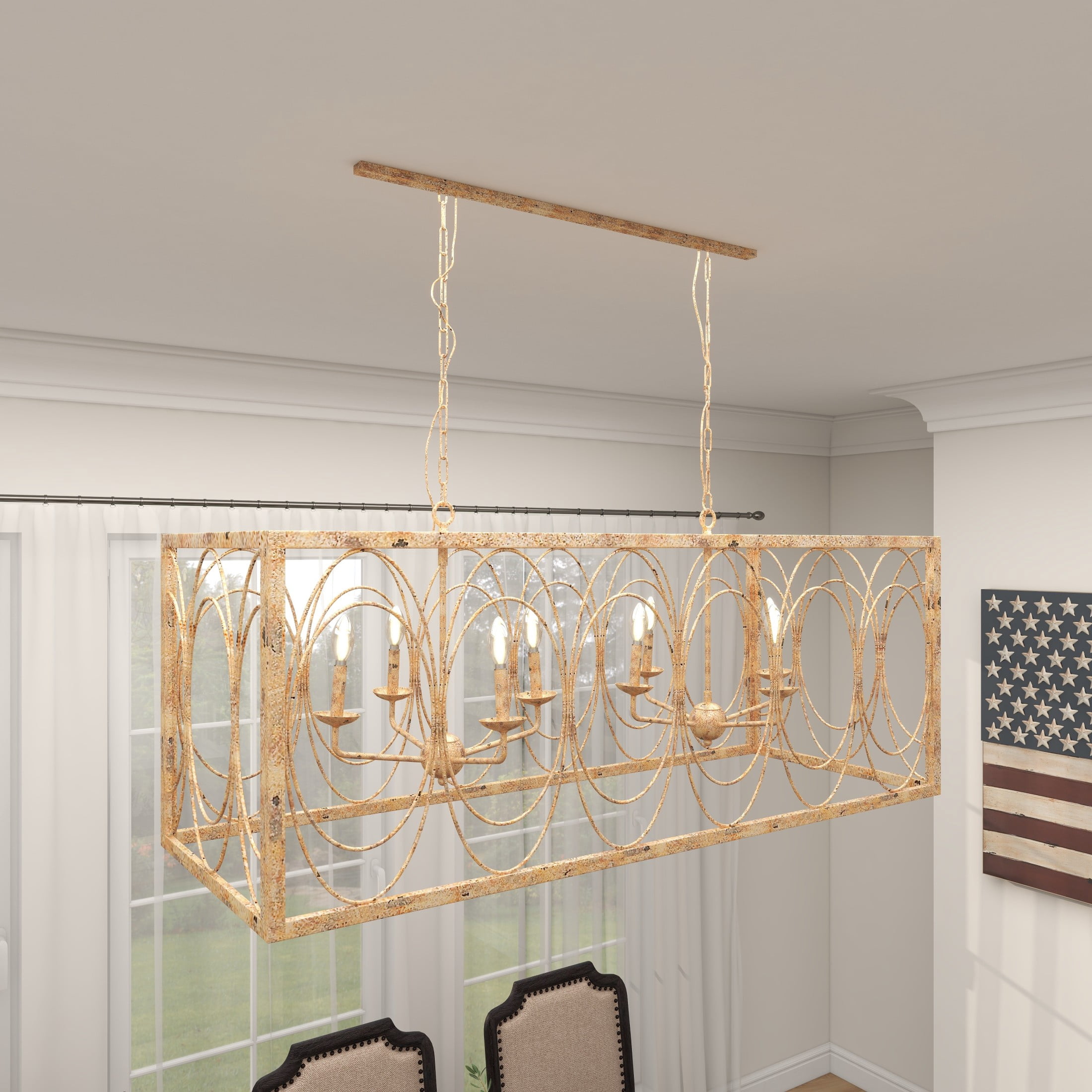 DecMode 48" x 18" Gold Metal Distressed Caged 8 Light Chandelier with Link Style Chain, 1-Piece