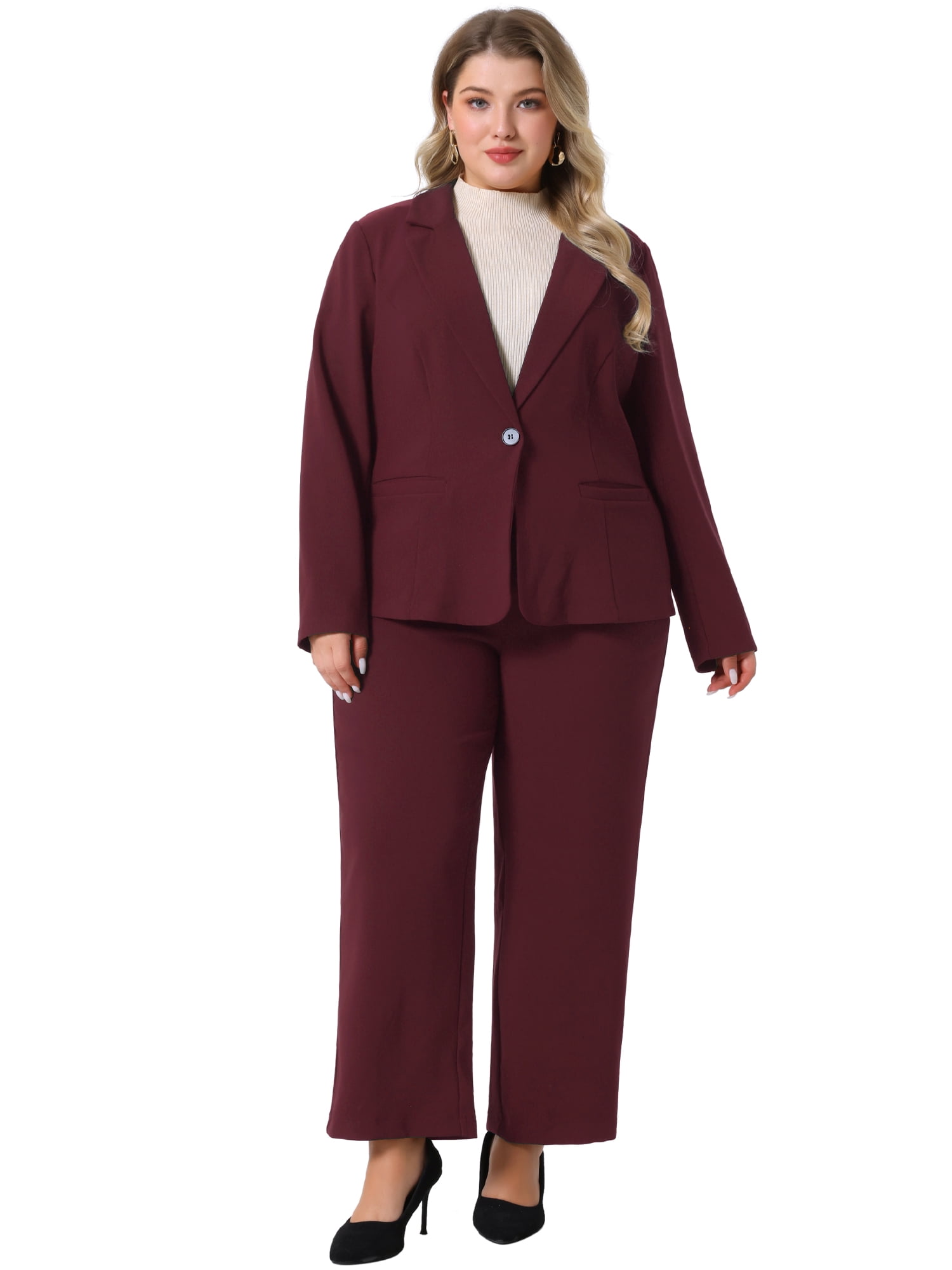 DARING DIVA Women's Plus 2 Pieces Business Office Blazer and Pants Suit Set 3X Burgundy