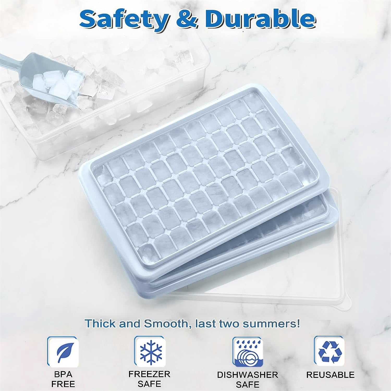 Ice Cube Maker Trays for Freezer with Lid and Storage Box, Easy Release 55 Mini Nugget Ice Cubes Tray with Cover, Ice Holder, Scooper, Flexible Durable Plastic Ice Mold & Bin, BPA Free