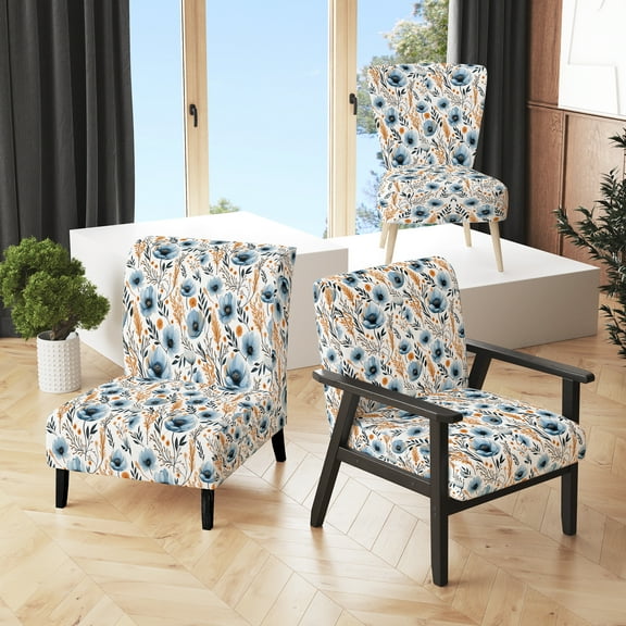 Designart "Blue Floral Whimsy In Watercolor" Blue Floral Upholstered Accent Chair - Cottage Arm Chair For Living Room