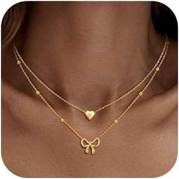 Leander Gold Bow Necklace for Women - Layered Bow Heart Gold Necklace for Women Trendy Dainty 14K Gold Plated Heart Initial Choker Chain Layered Bow Pendant Jewelry Gifts