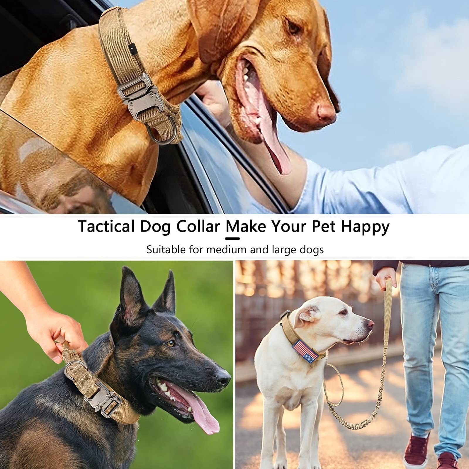 mirlewaiy Tactical Dog Collar Leash Set, Adjustable Military Training Nylon Dog Collar with Controll Handle and Heavy Metal Buckle for Medium and Large Dogs，with Patches and Airtags Case