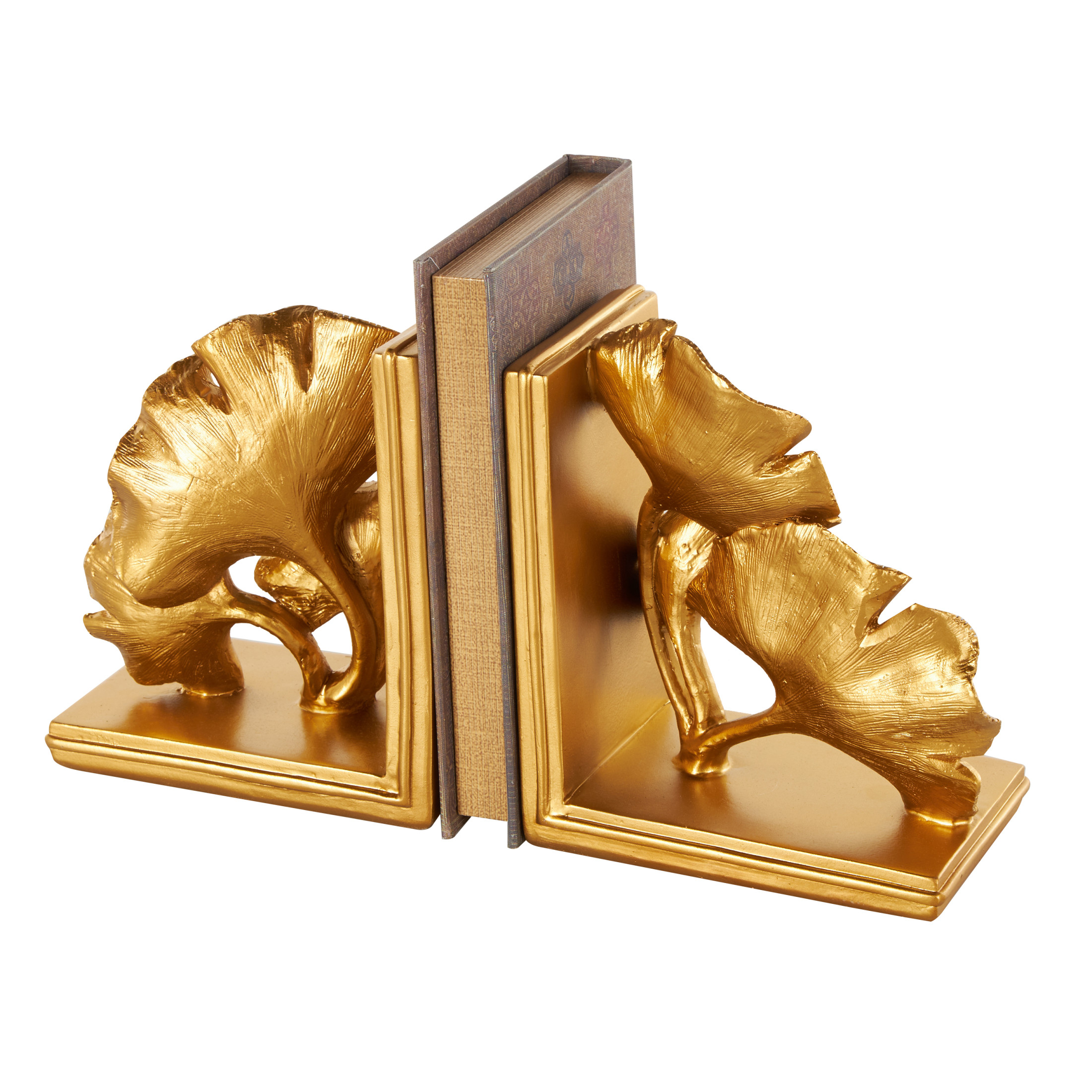 DecMode 7" Ginkgo Tree Gold Polystone Bookends (Set of 2)