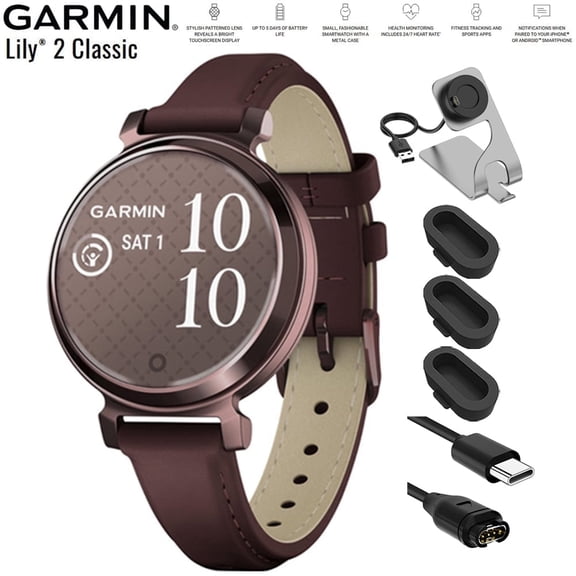Garmin 010-02839-03 Lily 2 Classic Dark Bronze with Mulberry Leather Band Smartwatch Bundle with Deco Essentials Charging Dock, Silicone Dust Cover 3 Pack and USB Type C Charging and Sync Cable