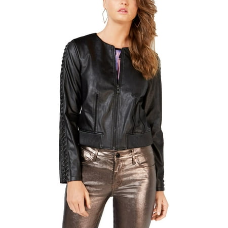 Guess Womens Faux-Leather Lace-Up Moto Coat Black S