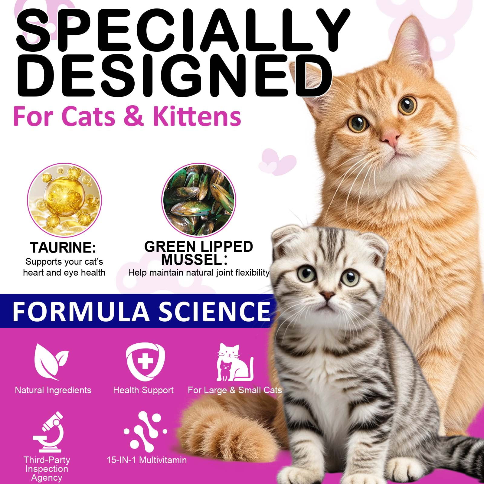 Oimmal 15 in 1 Multivitamin Chews for Cats & Kittens, Heart & Brain Support, with Omega, Taurine & Prebiotics for Immune Support, Digestion & Energy Support - 3Pack