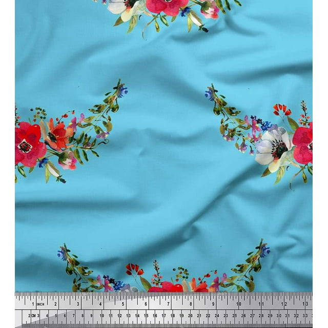 Soimoi polyester Crepe Fabric Leaves & Anemone Flower Print Fabric by Yard 52 Inch Wide