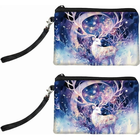 Original Designs Coin Purse for Women Girls Watercolor Style Deer 2 Packs Change Purse with Zipper Durable and Soft Canvas Wallet Pouch for Travel Gift diy