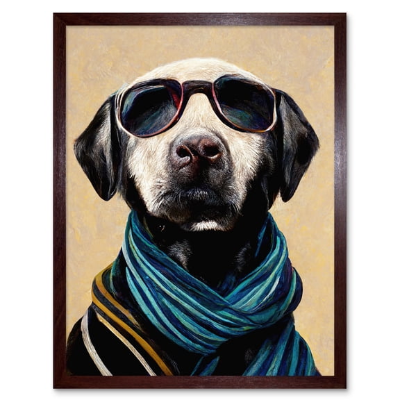 Labrador Dog With Aviator Sunglasses And Blue Scarf Art Print Framed Poster Wall Decor 12x16 inch