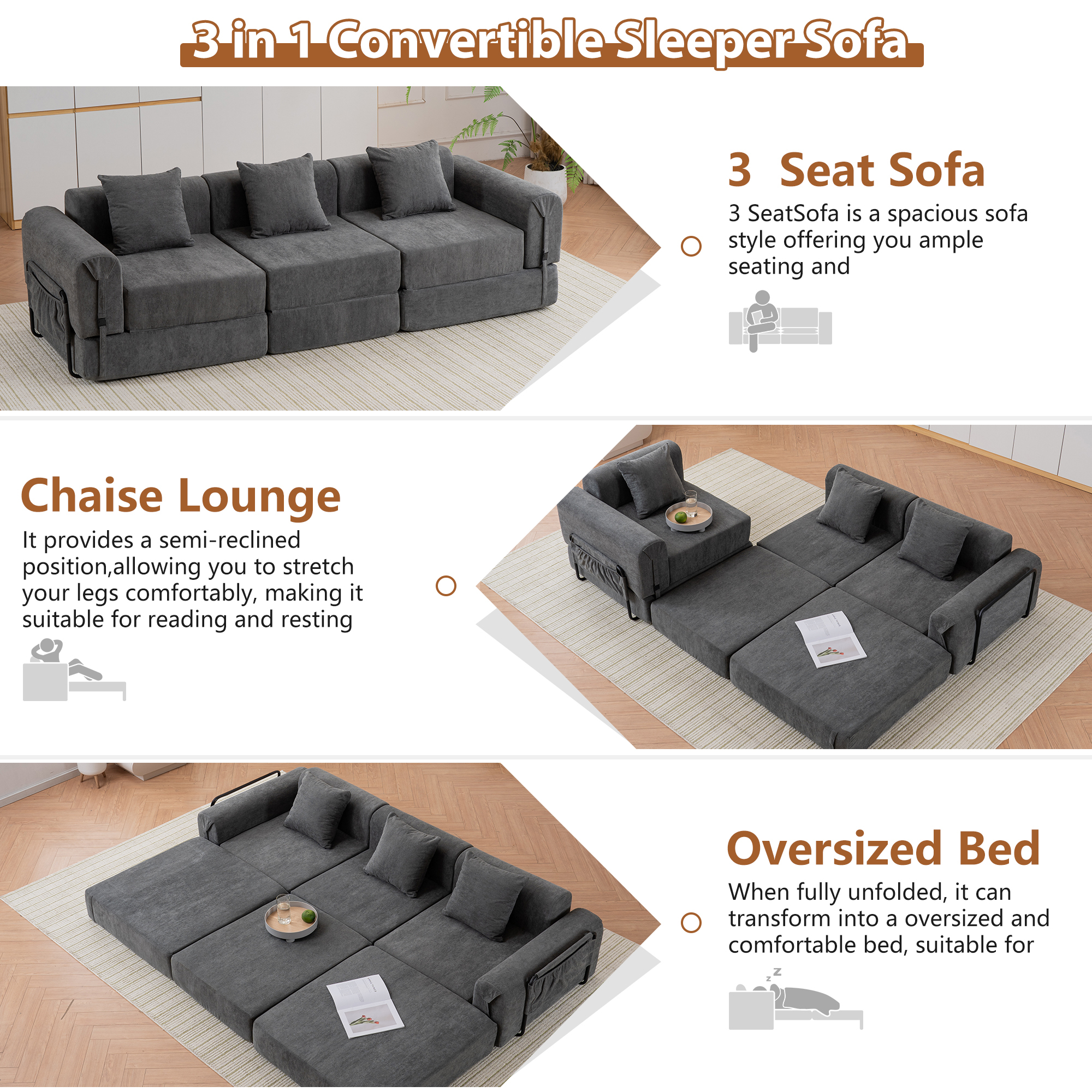 GNIXUU 98.81" Modern Modular Recliner Sofa, Convertible Sleeper Bed,Folding Mattress 3 Seater Couch with Fixed-Shape Frame ,Comfy Lazy Boneless Couches for Living Room Bedroom Lounge,Gray