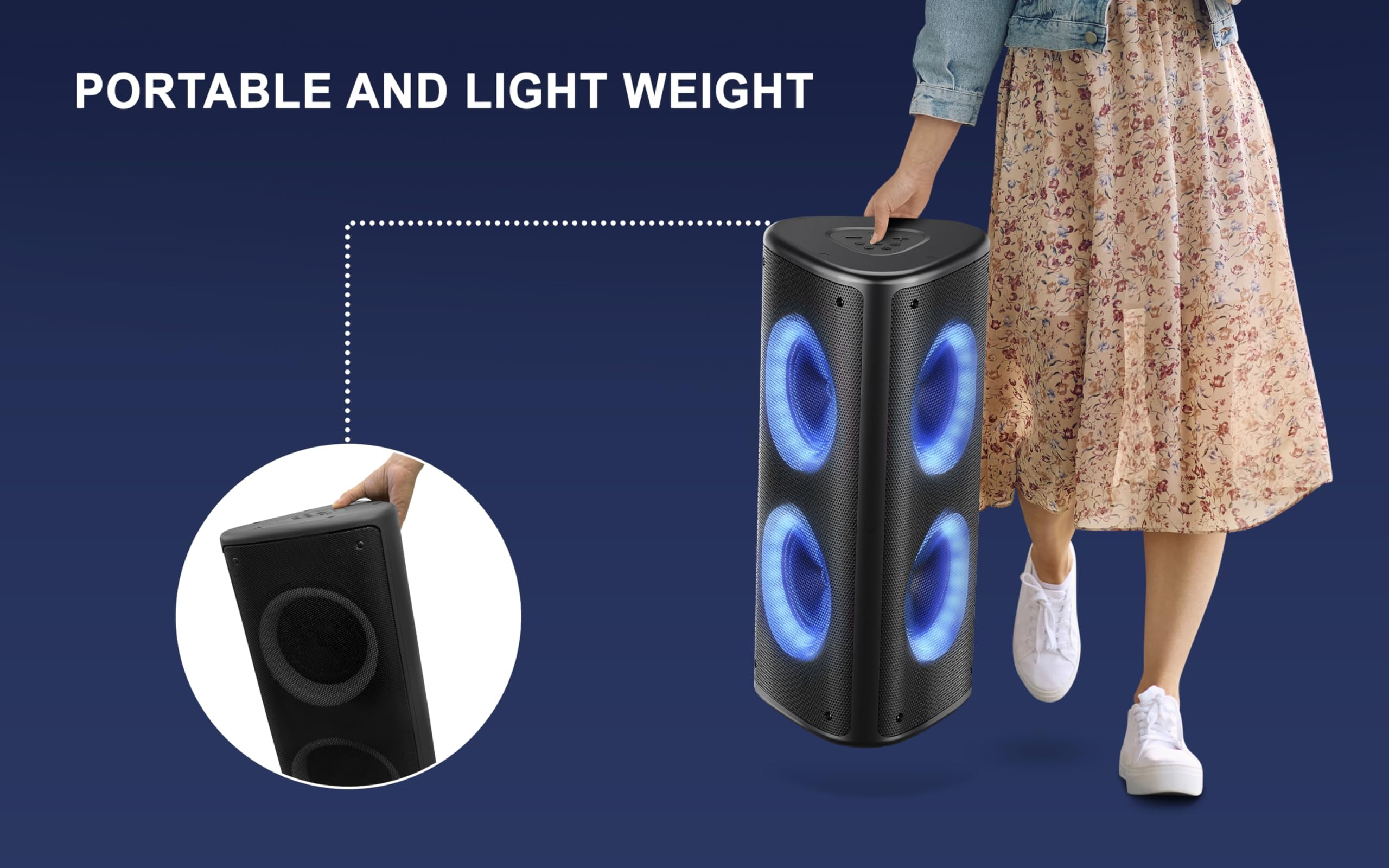 Fisher Bluetooth PA Speaker Stereo System -Karaoke Portable Wireless DJ, Quad Triangle 6.5" 80W Peak Power Speaker, Loud HD Sound & LED Lights, Rechargeable, TWS, USB, FM Radio,Indoor & Outdoor Party