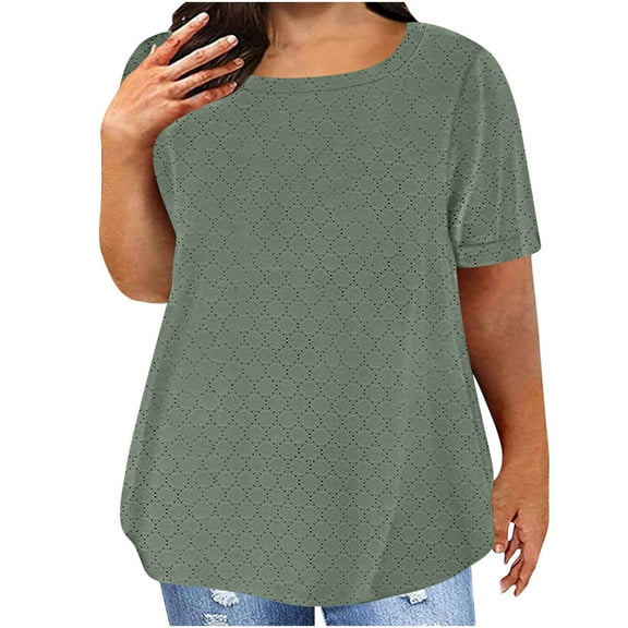 bnaln Plus Size Tops for Women Sale Womens Summer T-Shirts Eyelet Crewneck Dressy Casual Blouses Oversized Tshirts Workout Plus Size Short Sleeve Tops Loose Basic Tees Trendy Outfit