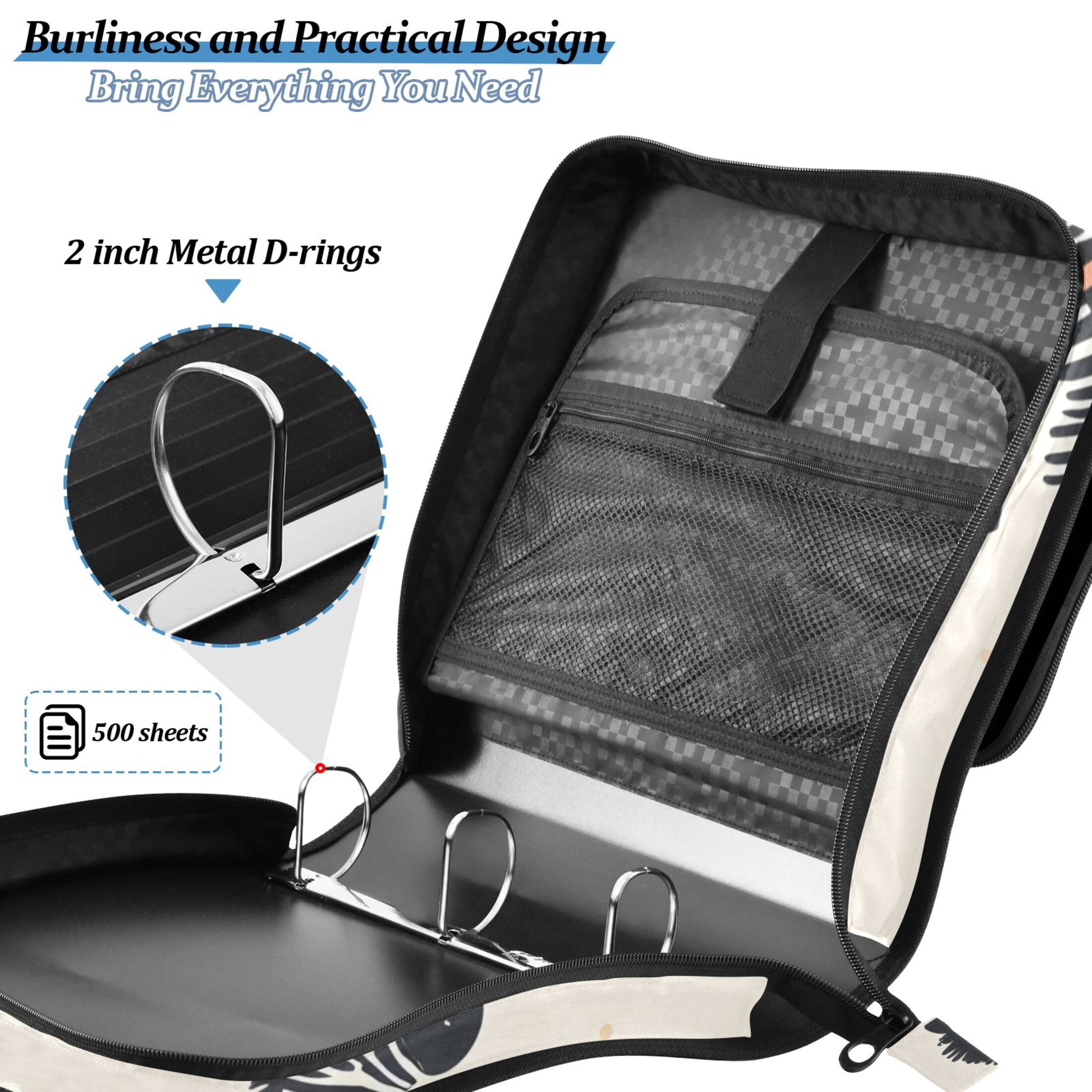 3 Ring Zipper Binder with Shoulder Strap Waterproof Trapper Keeper 2 Inch D-Ring 500 Sheets Capacity Cartoon Zebras and Leaf