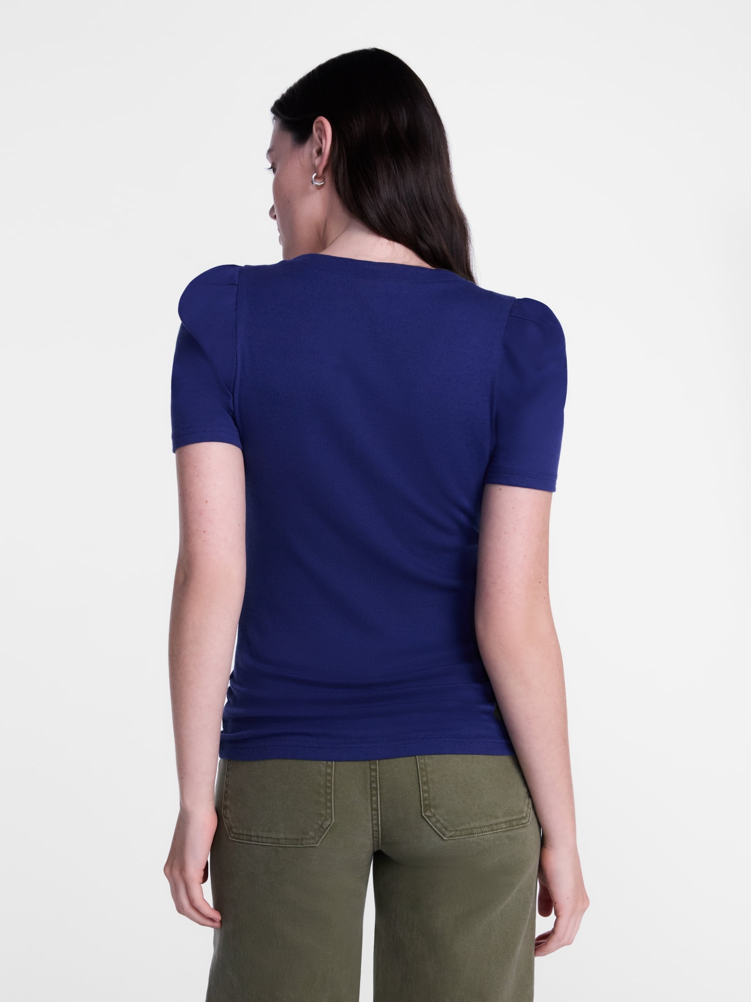 Scenario Women's V-Neck Henley Top with Short Puff Sleeves, Sizes XS-XXXL