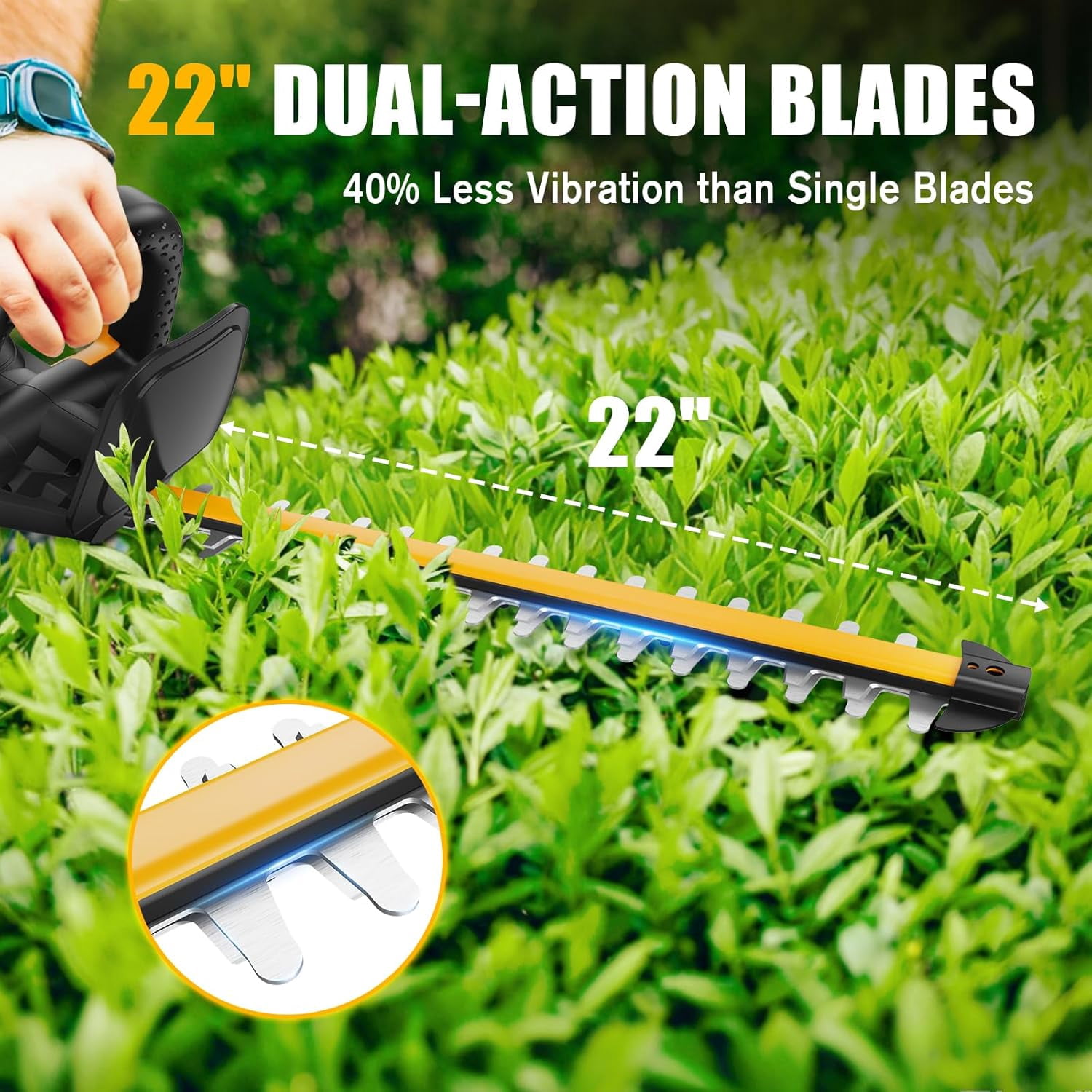 Cordless Hedge Trimmer Compatible with DeWalt 20V  Battery, 22-Inch Electric Bush Trimmer with Dual-Action Blade for Gardening