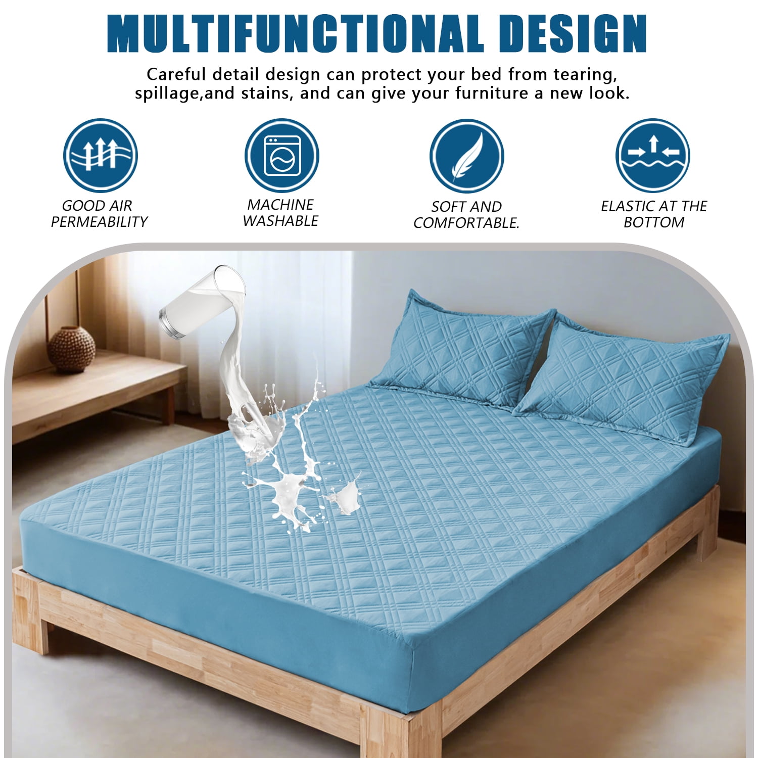 Waterproof Fitted Mattress Pad Cover Protector Queen Size Bed Quilted Mattress Cover Cotton Mattress Topper Dust Cover Soft Washable 12 Inch Deep Pocket Elastic Band（Blue）