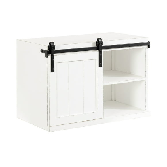 Kate and Laurel Cates Decorative Wood Floating Side Table with Sliding Barn Door, 20 x 12 x 15, Rustic White, Farmhouse Wooden Floating Wall Cabinet for Versatile Home Storage