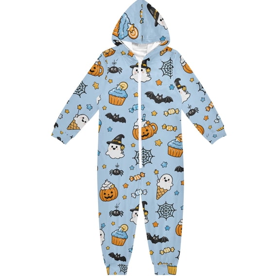 Halloween Ice Cream Pumpkin Boys & Girls Hooded One-Piece Pajamas Warm Crystal velvet Hooded Long Sleeve Loungewear Jumpsuit Unisex