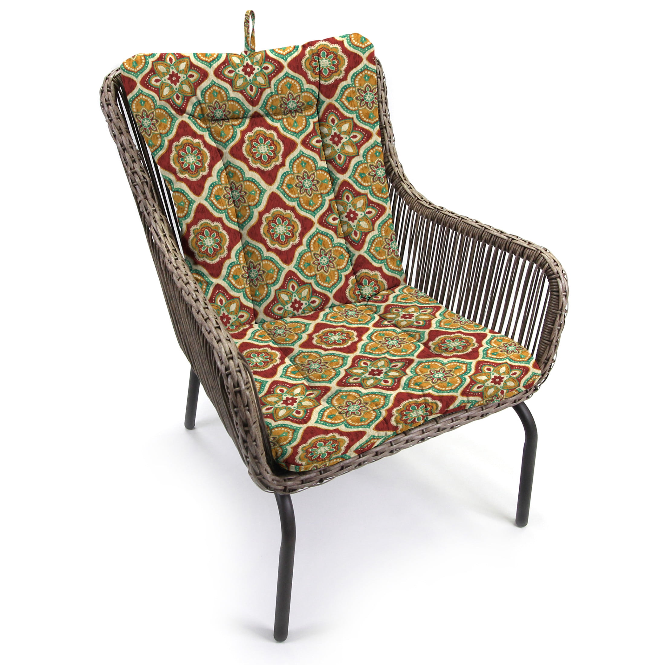 Jordan Manufacturing 38" x 21" Adonis Jewel Crimson Medallion Rectangular Outdoor Wrought Iron Chair Cushion with Ties and Hanger Loop