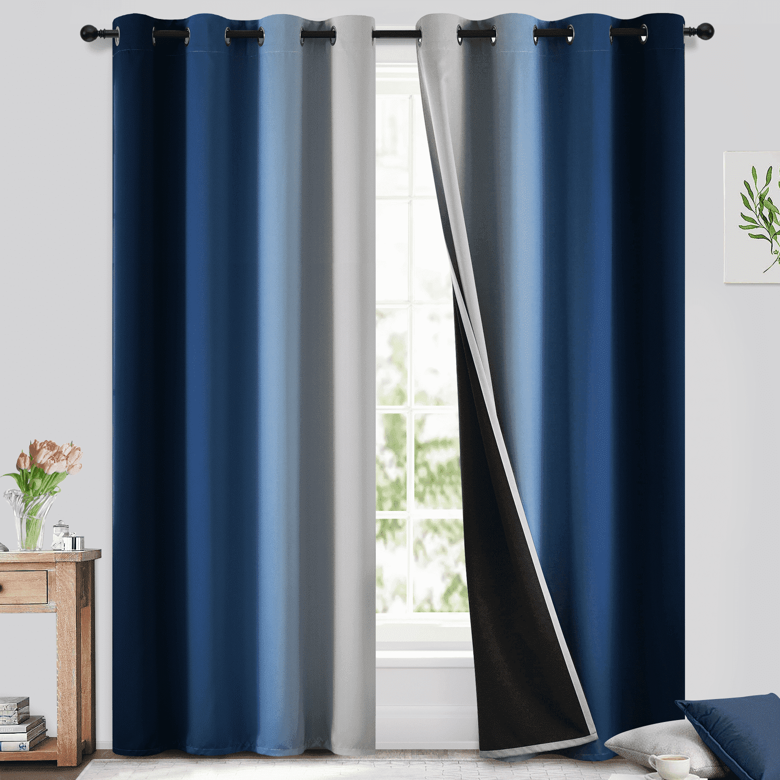 Yakamok 100% Blackout Curtains for Bedroom,Room Darkening Blue Curtains Ombre Gradient Curtains for Living Room Grommet Window Curtains,2 Panels,52x84 inch