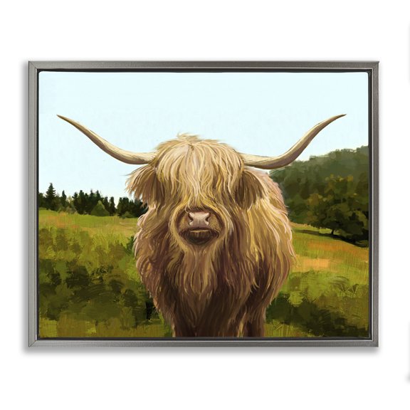 Stupell Industries Farmhouse Highland Cattle Grassland Farm Gray Floating Frame Canvas Art, 21 x 17, by Ziwei Li