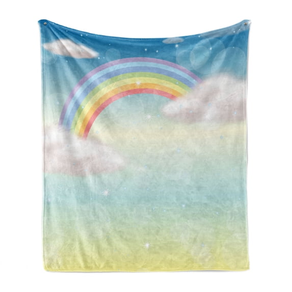 Cloud Soft Flannel Fleece Throw Blanket, Semi Circle Soft Colored Rainbow Stripes and Tiny Stars in the Sky Illustration, Cozy Plush for Indoor and Outdoor Use, 60" x 80", Multicolor, by Ambesonne