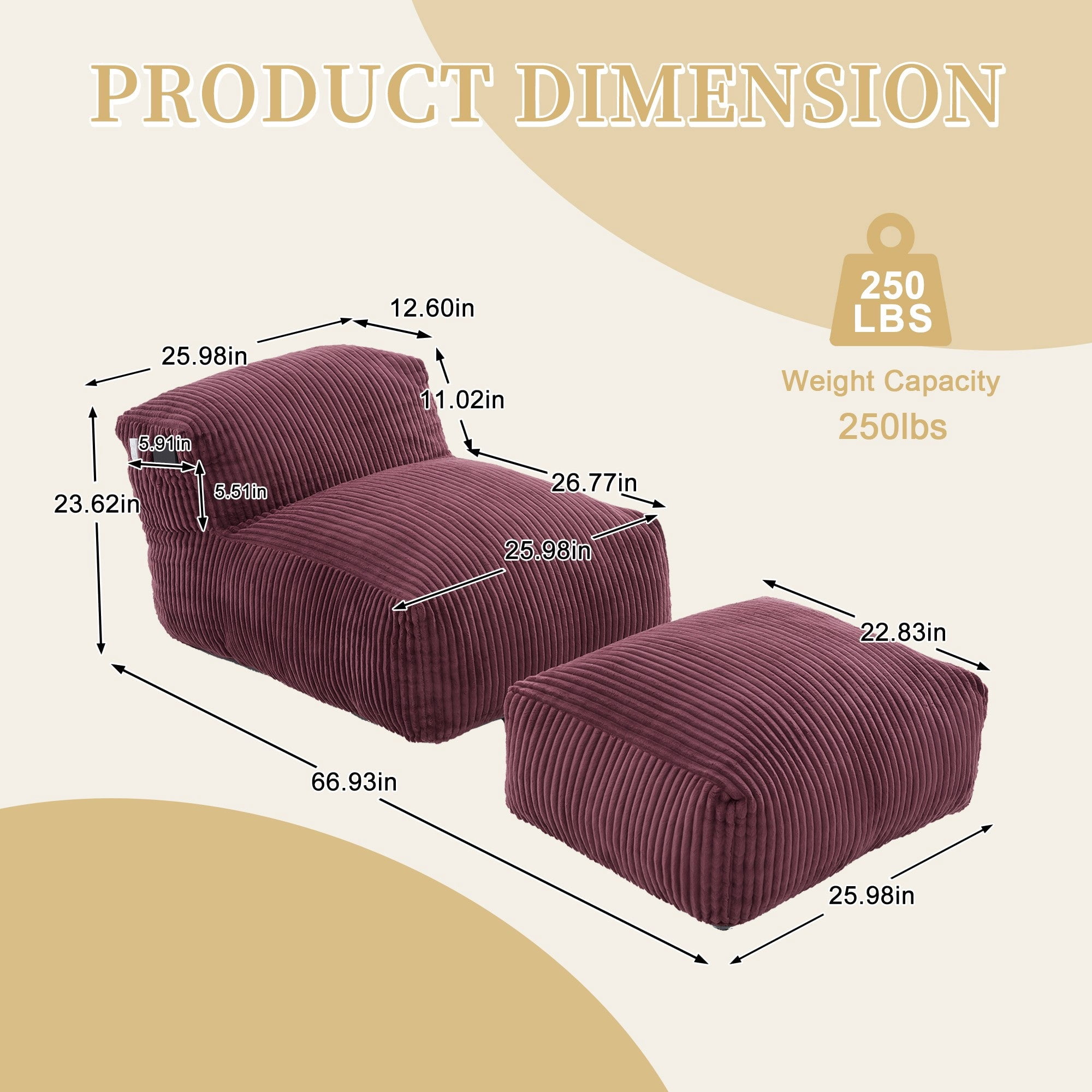 Sailvan Big Bean Bag Chair for Adults with Ottoman,Large Lounger Sofa,Soft Corduroy Beanbag Chair for Bedroom Dorm Living Room WINE RED