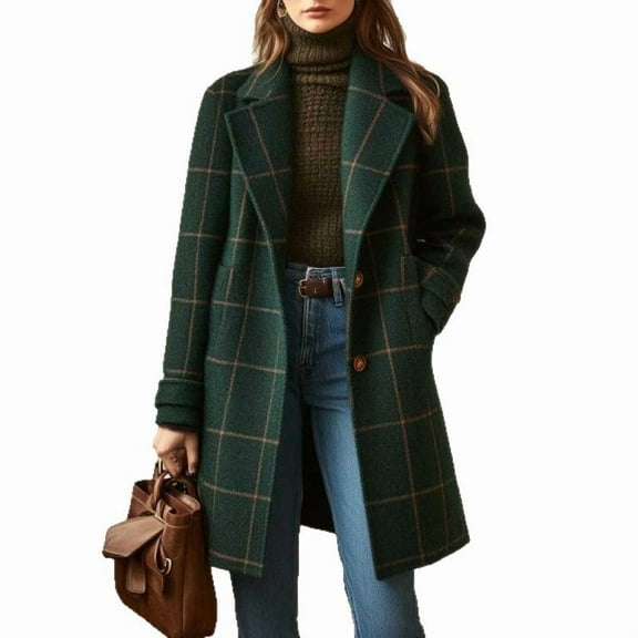 yuCgh Women's Winter Notched Collar Plaid Wool Trench Coat Button Down Mid Long Overcoat Outerwear with Classic Design for Warm and Stylish Look,Dark Green L