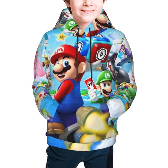 Mario Hoodie 3D Print Pullover Hooded Long Sleeve Sweatshirts Tops Blouse with Pocket for Boys Girls Small