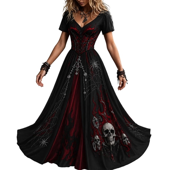 PBFRDSJ Womens Gothic Maxi Dress V Neck Short Sleeve Fitted Corset Waist Flowy Skirt Skull Spider Web Print Gown for Outings