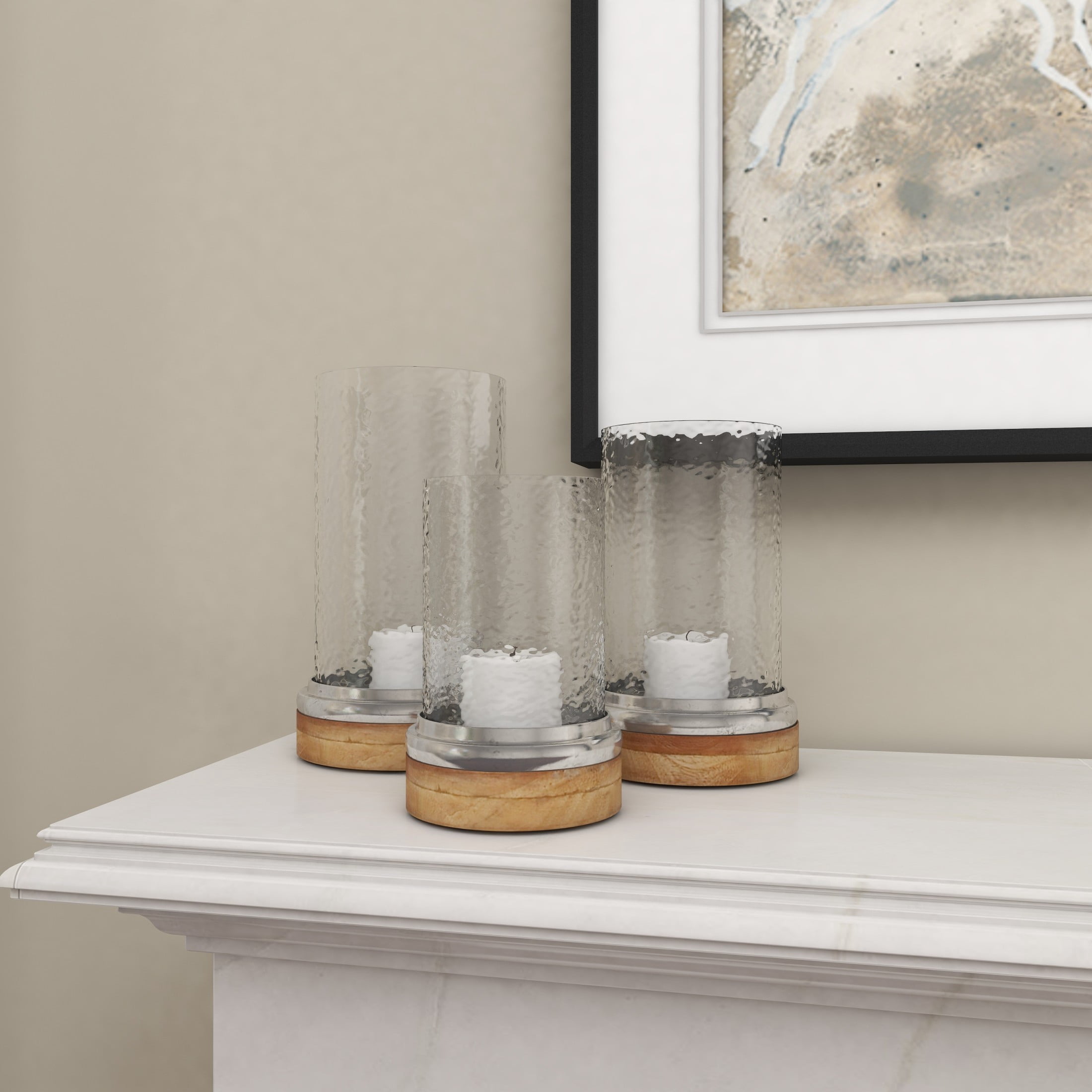 DecMode 3-Slot Brown Wood Pillar Hurricane Lamp with Glass Candle Holders, Set of 3